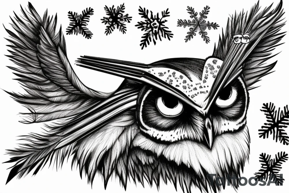 pissed off owls with punisher eyes holding a straw in a snowflake tattoo idea