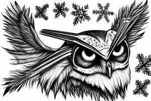 pissed off owls with punisher eyes holding a straw in a snowflake tattoo idea