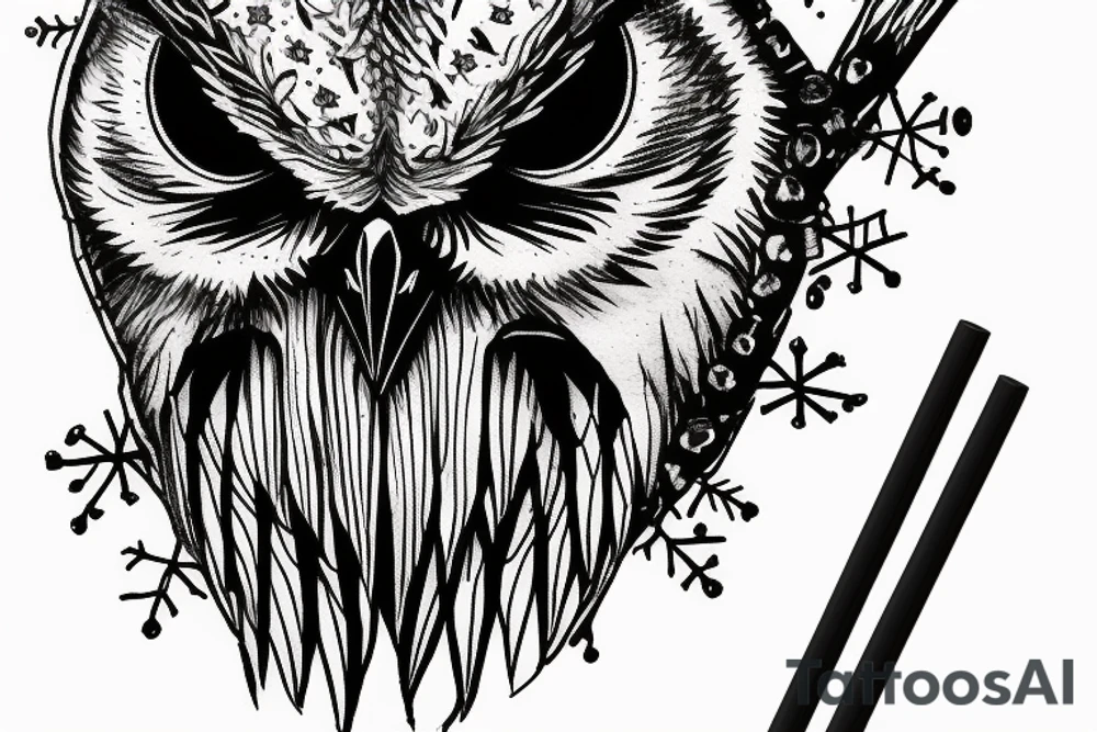 pissed off owls with punisher eyes holding a straw in a snowflake tattoo idea