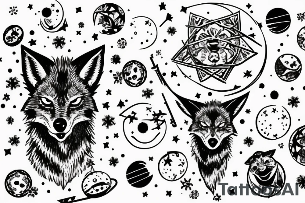 angry coyote holding a straw under snowflakes with planets in the background tattoo idea