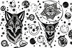 angry coyote holding a straw under snowflakes with planets in the background tattoo idea