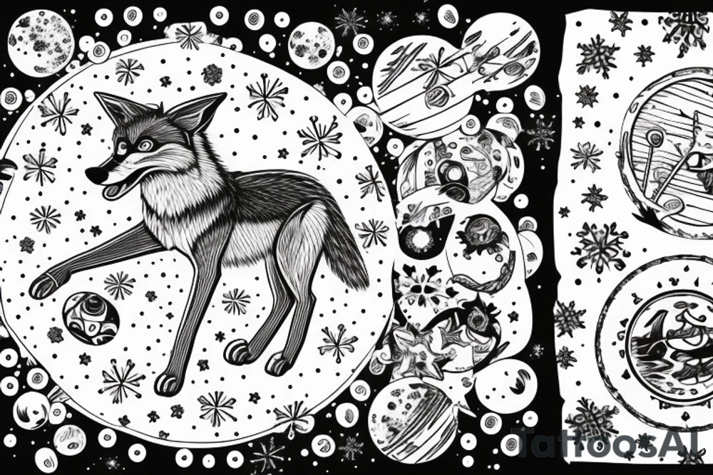 angry coyote holding a straw under snowflakes with planets in the background tattoo idea