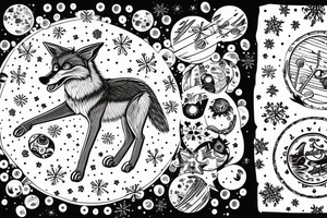 angry coyote holding a straw under snowflakes with planets in the background tattoo idea