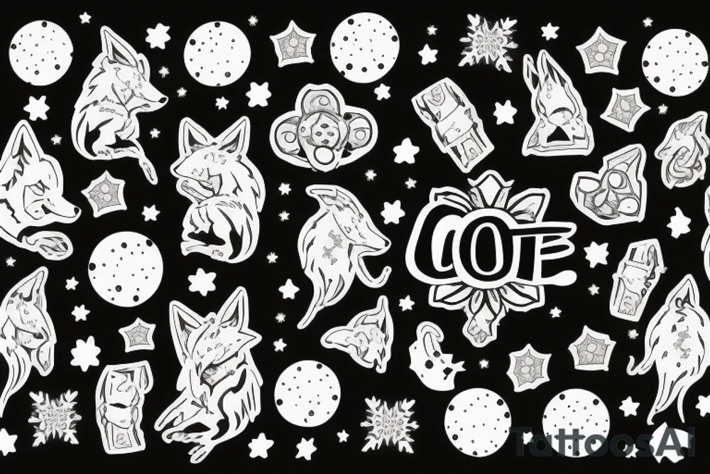 angry coyote holding a straw under snowflakes with planets in the background tattoo idea