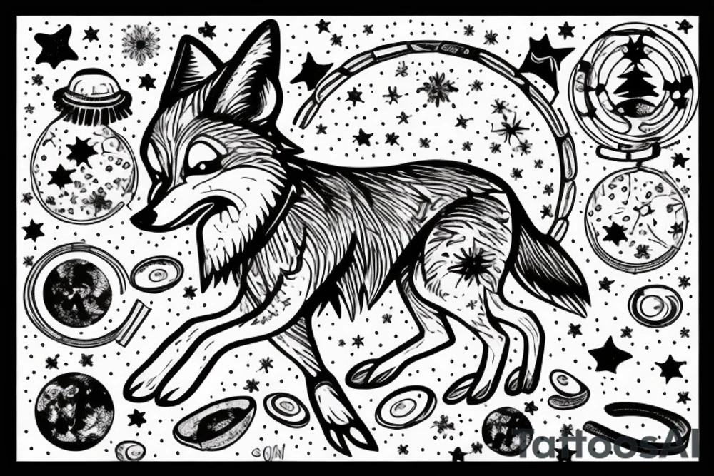 angry coyote holding a straw under snowflakes with planets in the background tattoo idea