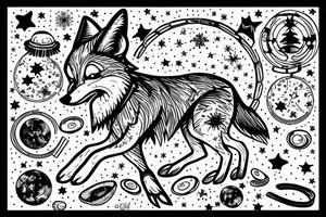 angry coyote holding a straw under snowflakes with planets in the background tattoo idea
