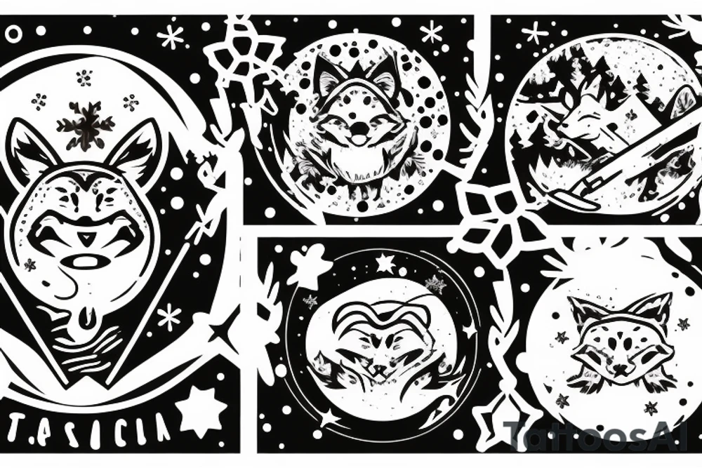 angry coyote holding a straw under snowflakes with planets in the background tattoo idea