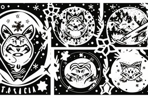 angry coyote holding a straw under snowflakes with planets in the background tattoo idea