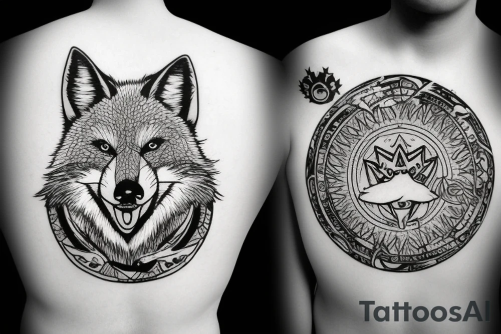 angry coyote holding a straw under snowflakes with planets in the background tattoo idea