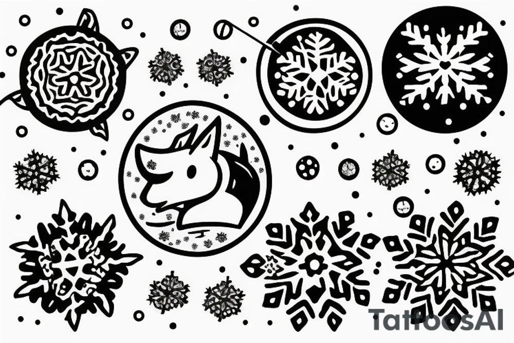 angry coyote holding a straw under snowflakes with planets in the background tattoo idea