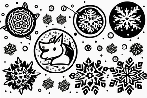angry coyote holding a straw under snowflakes with planets in the background tattoo idea