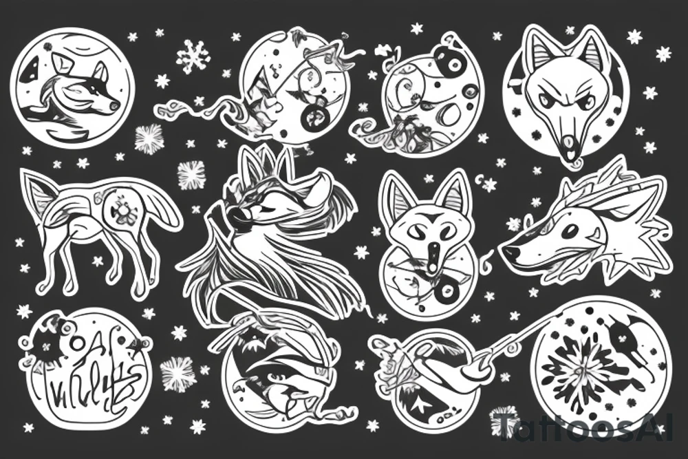 angry coyote holding a straw under snowflakes with planets in the background tattoo idea