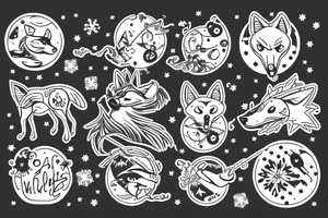 angry coyote holding a straw under snowflakes with planets in the background tattoo idea