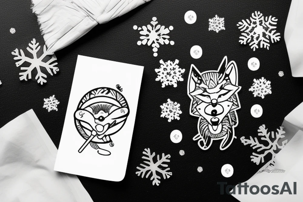 angry coyote holding a straw under snowflakes with planets in the background tattoo idea