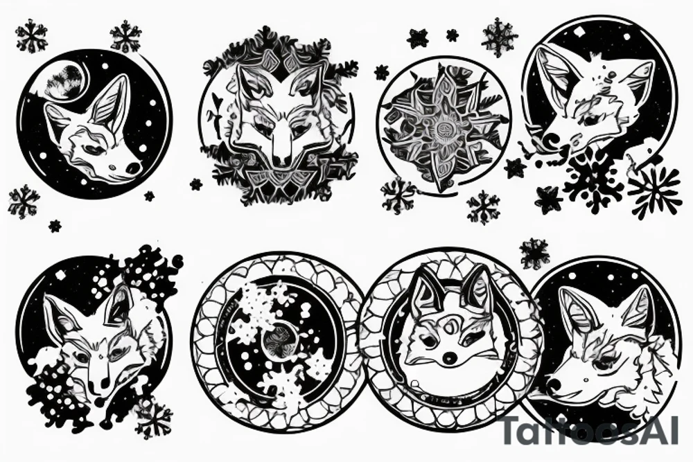 angry coyote holding a straw under snowflakes with planets in the background tattoo idea