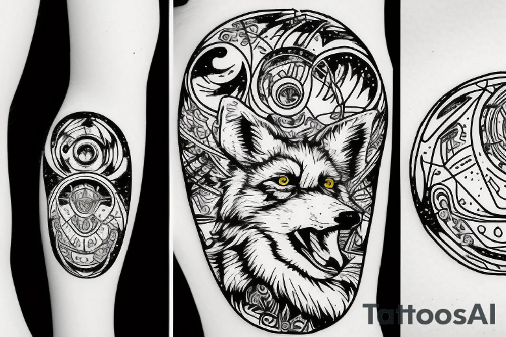 angry coyote holding a straw under snowflakes with planets in the background tattoo idea