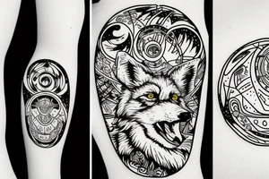 angry coyote holding a straw under snowflakes with planets in the background tattoo idea
