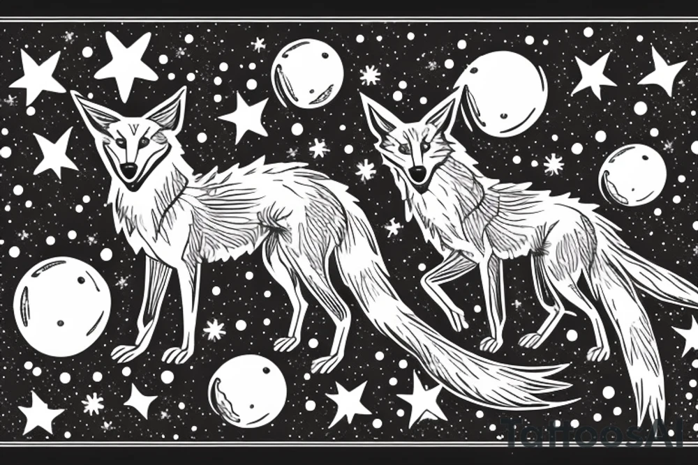 angry coyote holding a straw under snowflakes with planets in the background tattoo idea