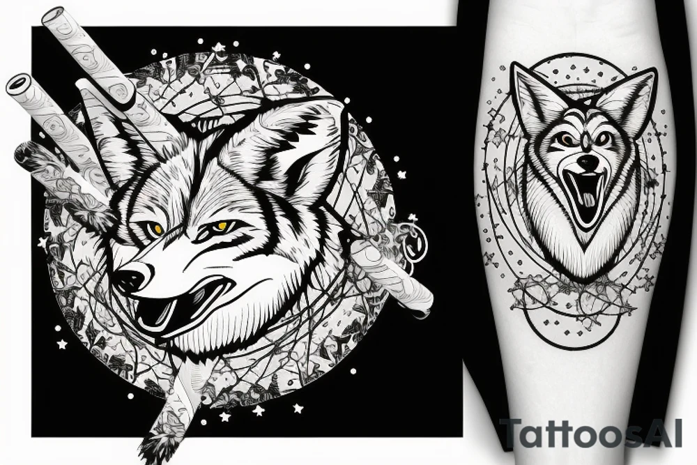angry coyote holding a straw under snowflakes with planets in the background tattoo idea
