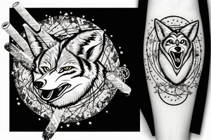 angry coyote holding a straw under snowflakes with planets in the background tattoo idea