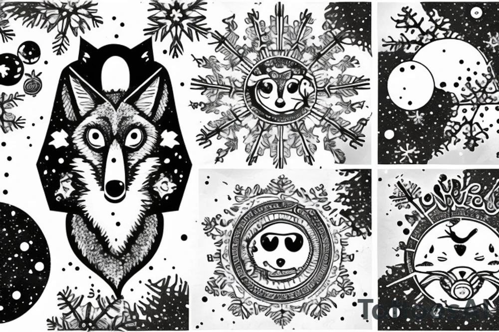 angry coyote holding a straw under snowflakes with planets in the background tattoo idea