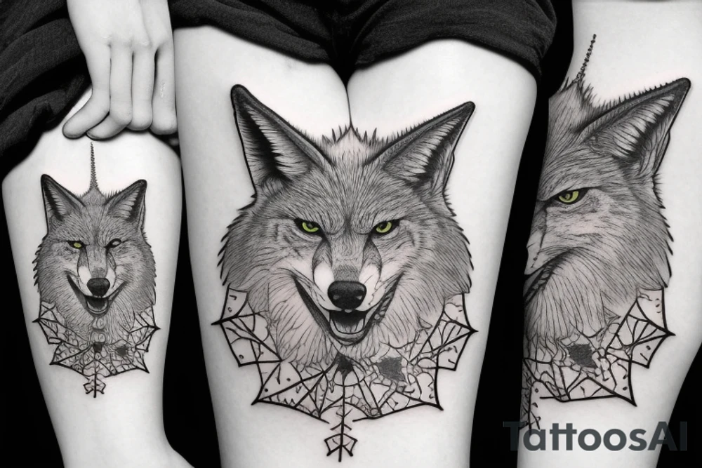 angry coyote holding a straw under snowflakes tattoo idea