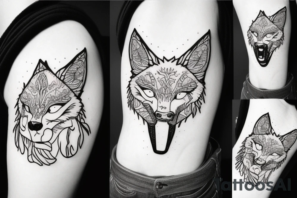 angry coyote holding a straw under snowflakes tattoo idea
