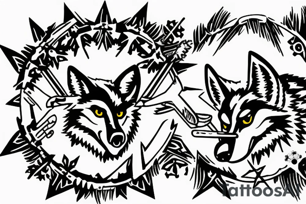 angry coyote holding a straw under snowflakes tattoo idea angry coyote holding a straw under snowflakes tattoo idea