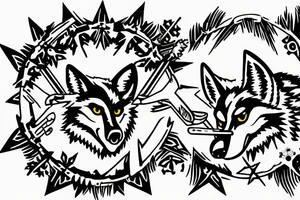 angry coyote holding a straw under snowflakes tattoo idea