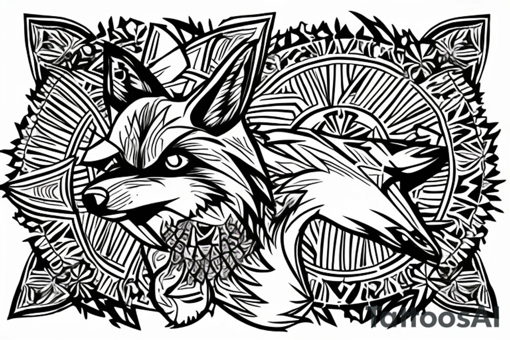 angry coyote holding a straw under snowflakes tattoo idea
