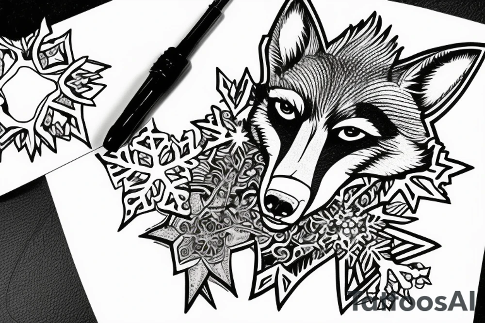 angry coyote holding a straw under snowflakes tattoo idea angry coyote holding a straw under snowflakes tattoo idea