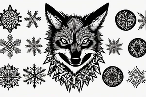 angry coyote holding a straw under snowflakes tattoo idea