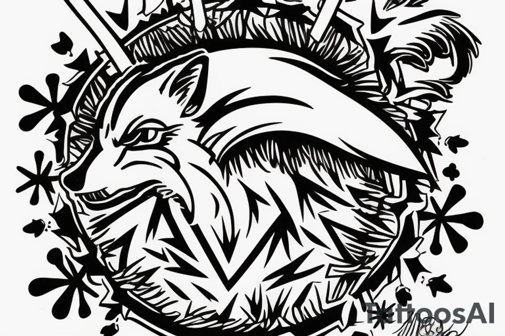 angry coyote holding a straw under snowflakes tattoo idea