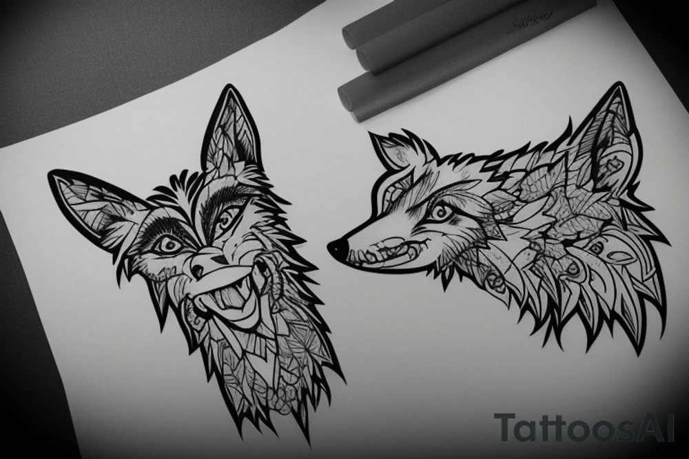 angry coyote holding a straw under snowflakes tattoo idea