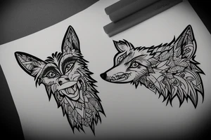 angry coyote holding a straw under snowflakes tattoo idea