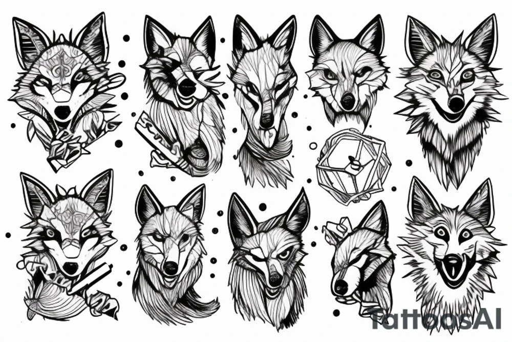 angry coyote holding a straw under snowflakes tattoo idea