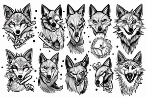 angry coyote holding a straw under snowflakes tattoo idea