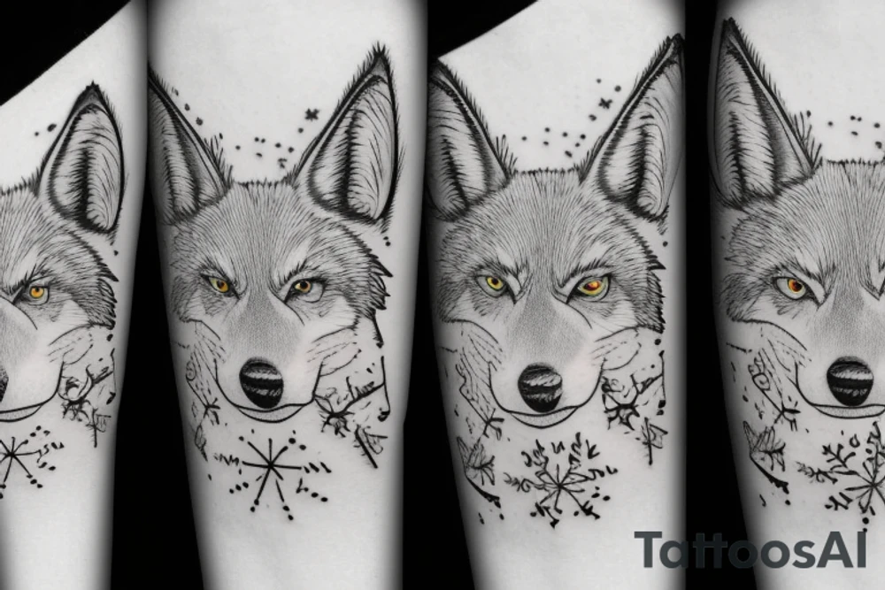 angry coyote holding a straw under snowflakes tattoo idea