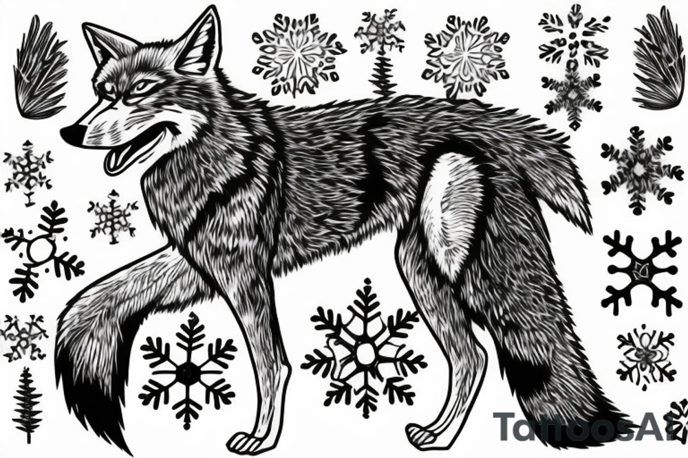 angry coyote holding a straw under snowflakes tattoo idea