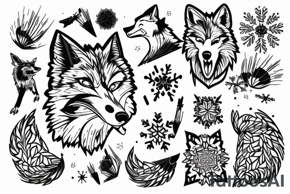 angry coyote holding a straw under snowflakes tattoo idea