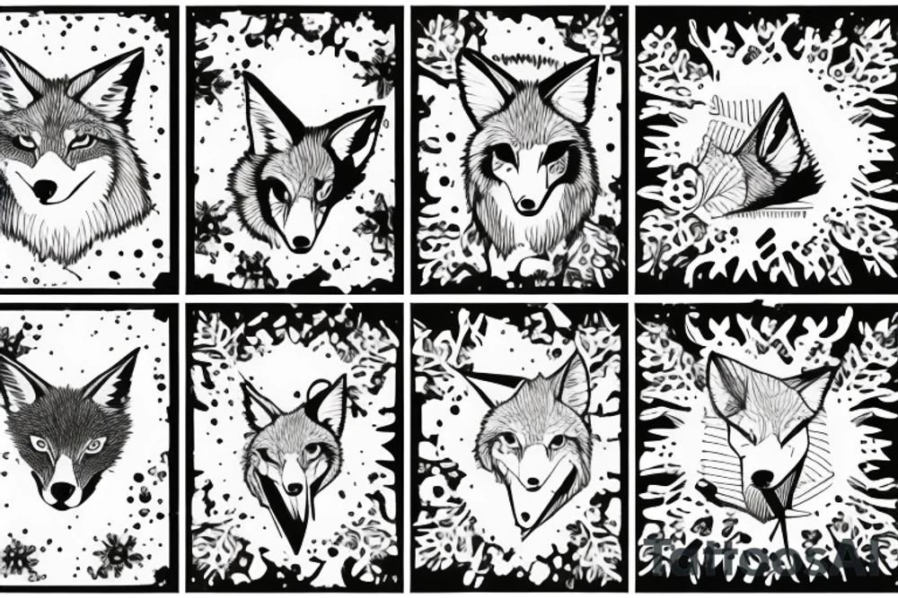 angry coyote holding a straw under snowflakes tattoo idea