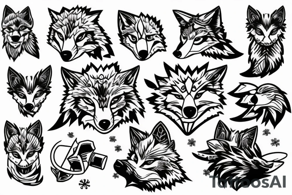 angry coyote holding a straw under snowflakes tattoo idea