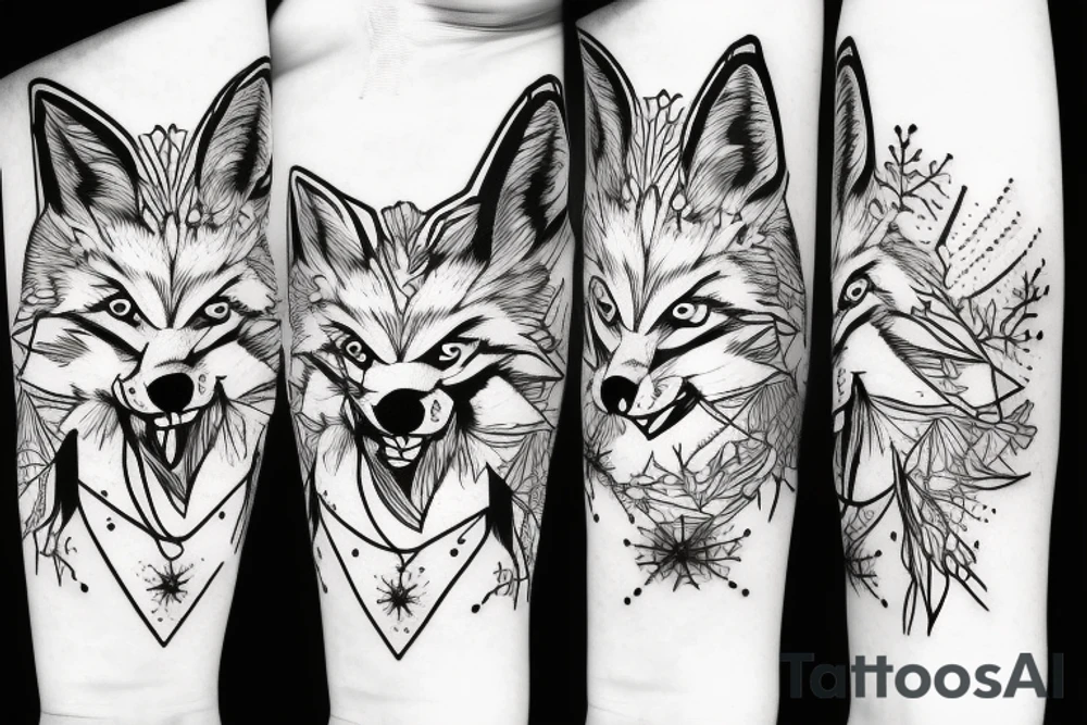 angry coyote holding a straw under snowflakes tattoo idea