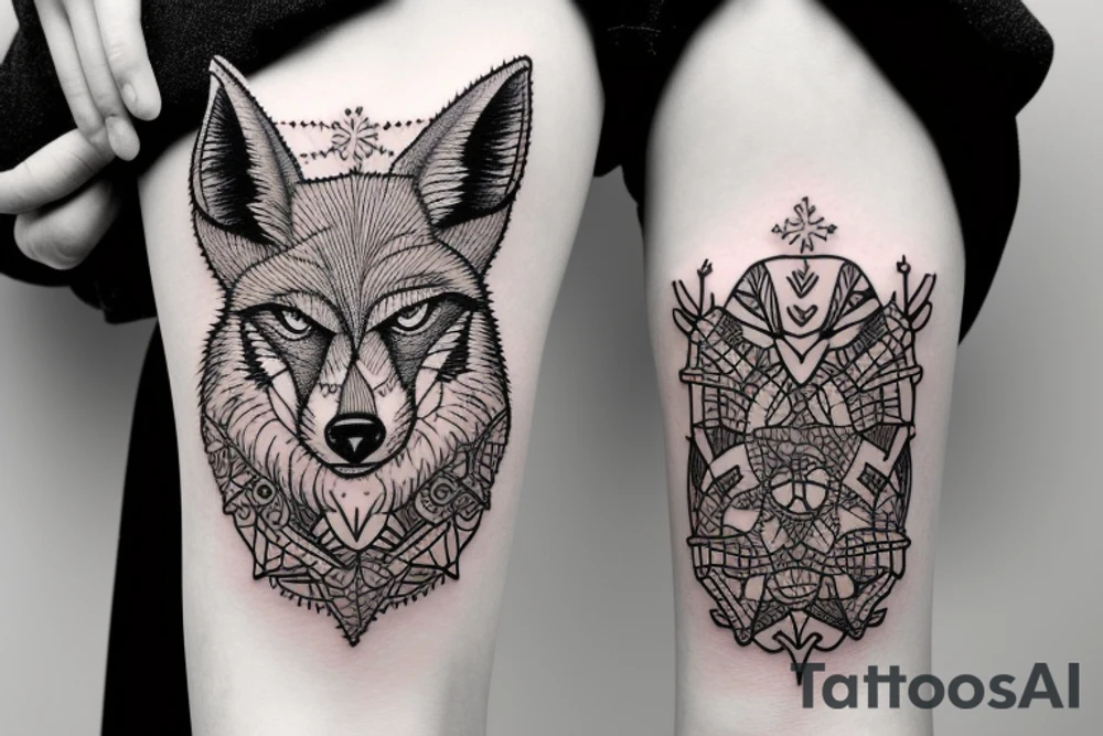 angry coyote holding a straw under snowflakes tattoo idea