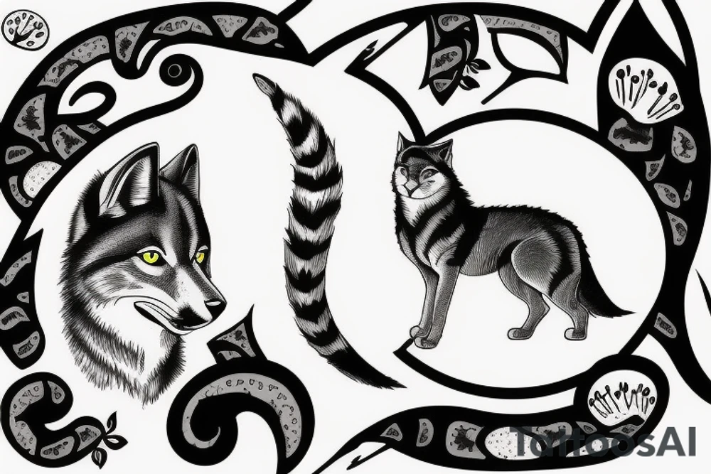 Cat profile silloette with wolf profile silloette with mushrooms tattoo idea