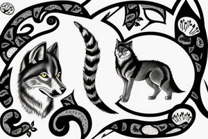 Cat profile silloette with wolf profile silloette with mushrooms tattoo idea