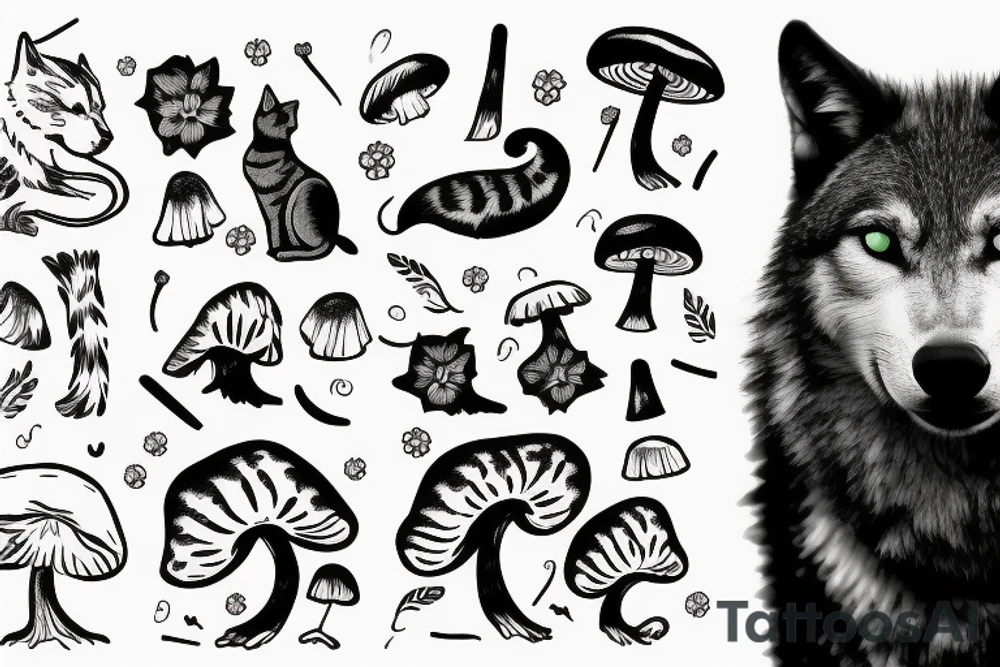 Cat profile silloette with wolf profile silloette with mushrooms tattoo idea