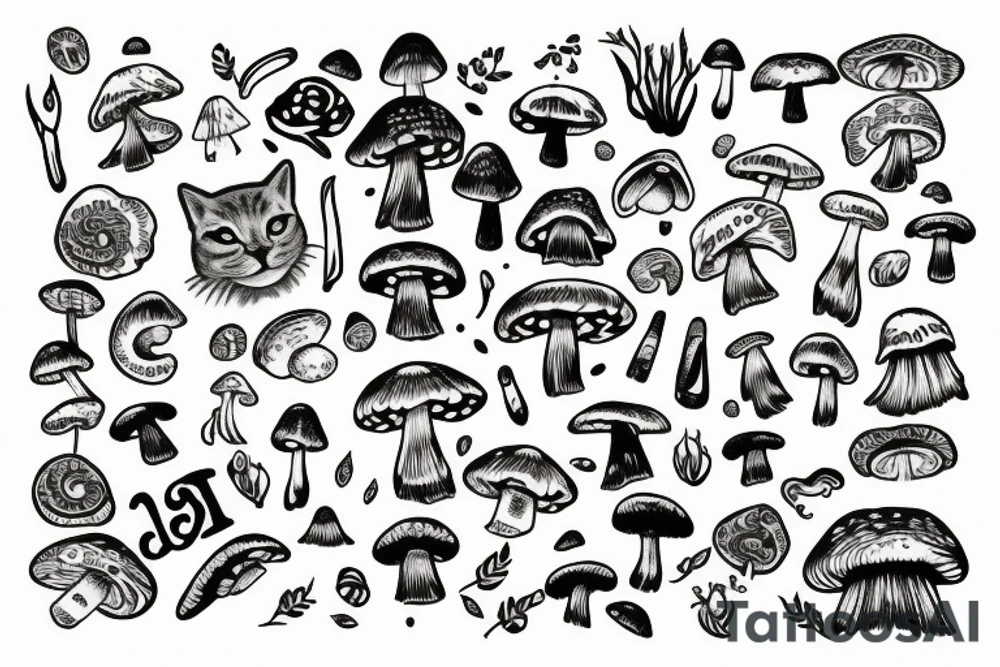 Meow wolf tattoo with mushrooms tattoo idea
