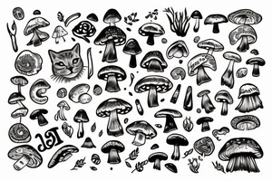 Meow wolf tattoo with mushrooms tattoo idea