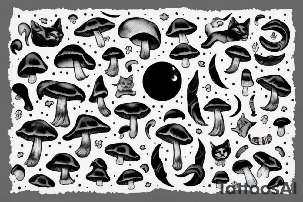 Cat and wolf silloette combined in the shape of a moon with mushrooms tattoo idea